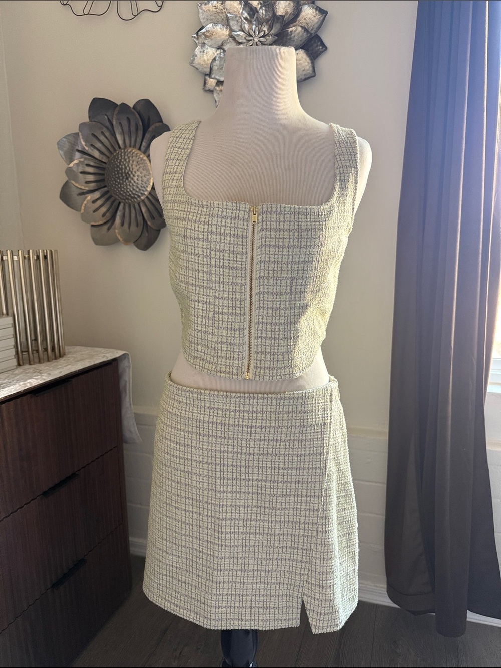 Soft Tweed Two-Piece Tank and Skirt Set in Pale Green with Lilac